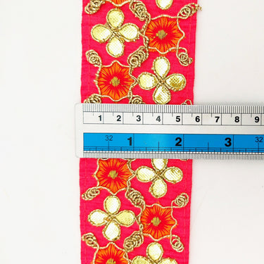 Radical Red Art Silk Fabric Trim, Orange & Gold Floral Embroidery Gota Patti Indian Sari Border Trim By Yard Decorative Trim Craft Lace